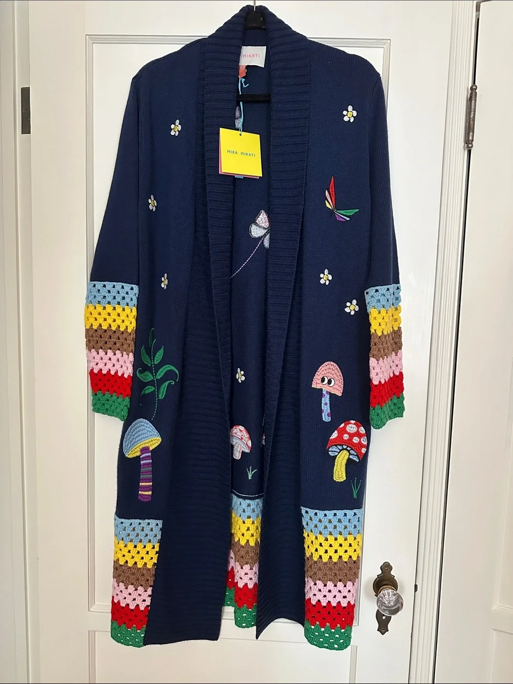 Mira Mikati Navy Ribbed Knit Cardigan with Yellow Tag Detail